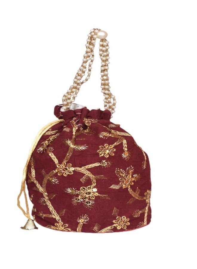 SuneshCreation Pearl Handle Drawstring Potli Bag with Gold Floral Embroidery, Traditional Evening Purse (maroon) - Image 1